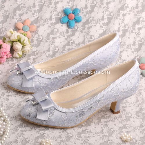 Low Heel Bridal Shoes Champagne Lace with Bowtie